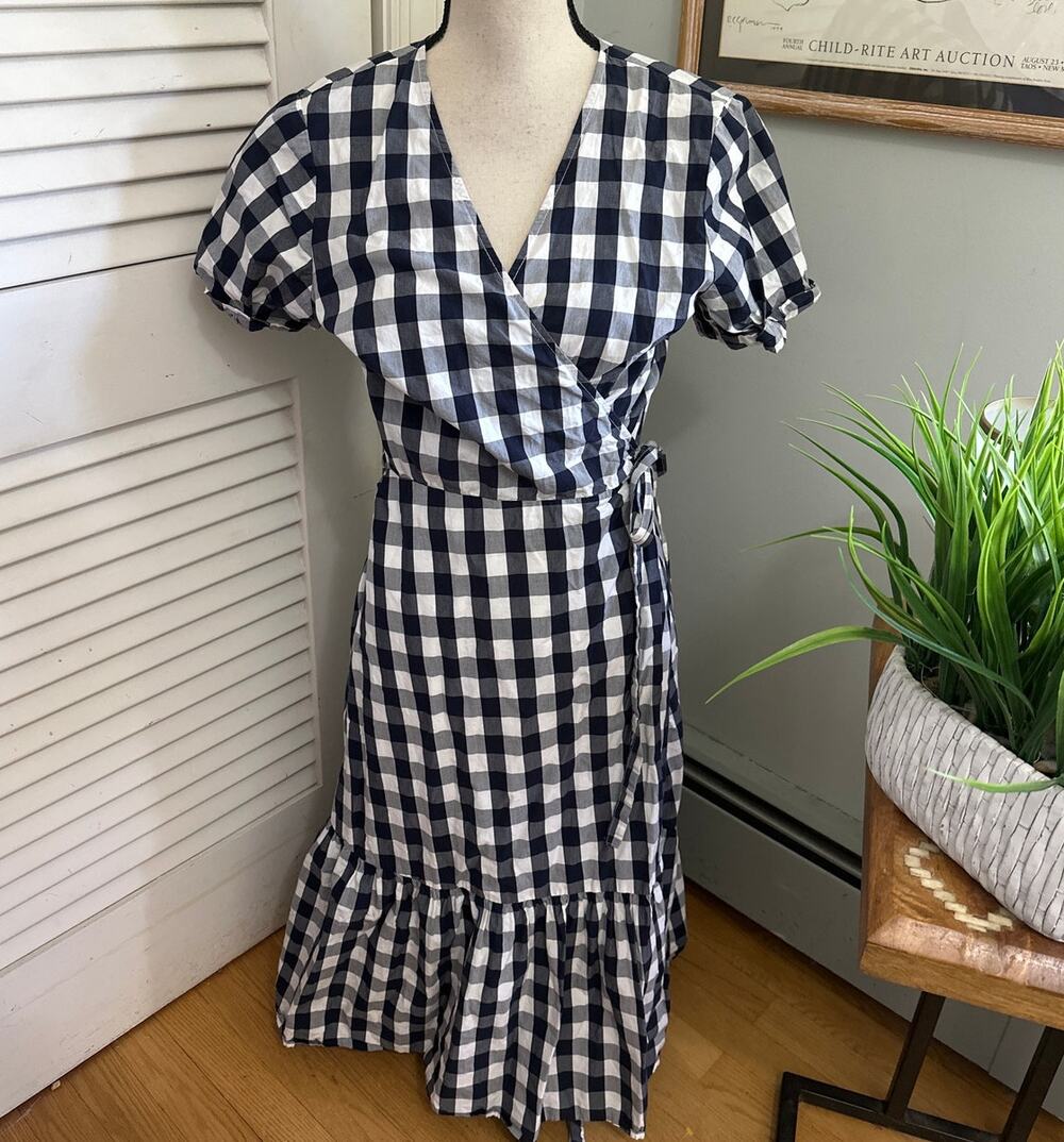 Gap Dress Womens Medium Blue White Gingham Plaid Wrap Midi Country Picnic Chic